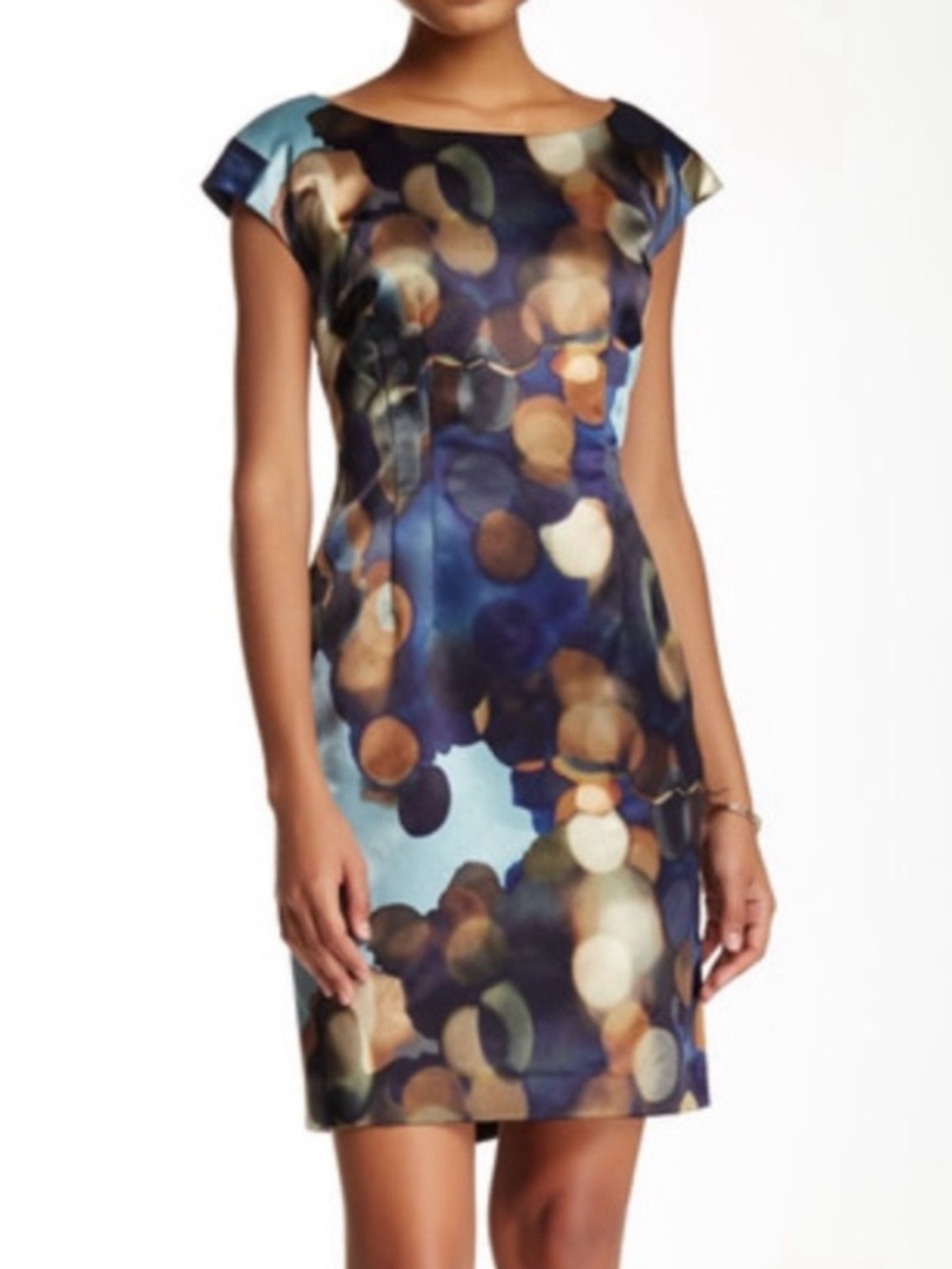 Lafayette 148 New York Blue Multi-Color Cap Sleeve Sheath Dress